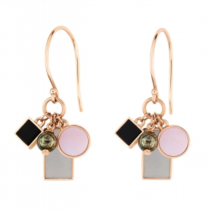 boucles d'oreilles or rose 18 carats avec pierre de lune grise, nacre rose, onyx et pyrite <br>by Ginette NY