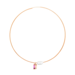 18 karat rose gold solo hoop pearl and pink topaz<br>by Ginette NY